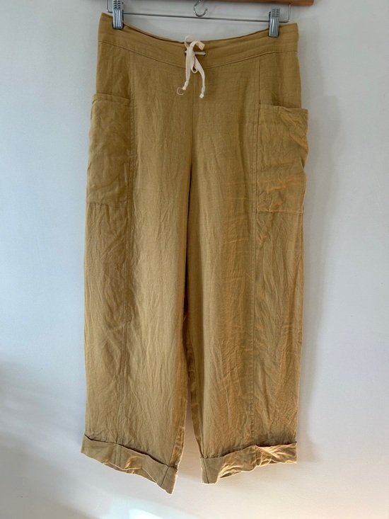 Flax Pants - Flax Linen Wide-Leg Pants Women’s S Mustard Yellow Elastic Waist Beach Casual